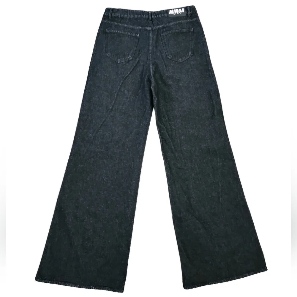 Minga London Bones Black Washed Denim Jeans Skeleton Print Wide Baggy Leg SZ 36 - Picture 8 of 16